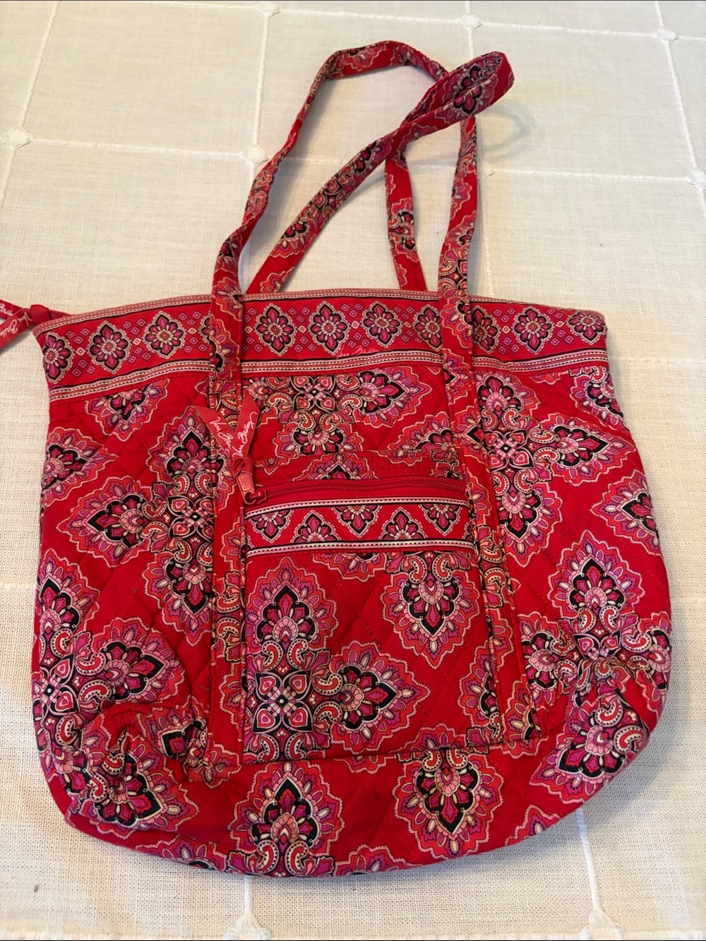 Vera Bradley Red Floral Quilted Tote with Pink Accents